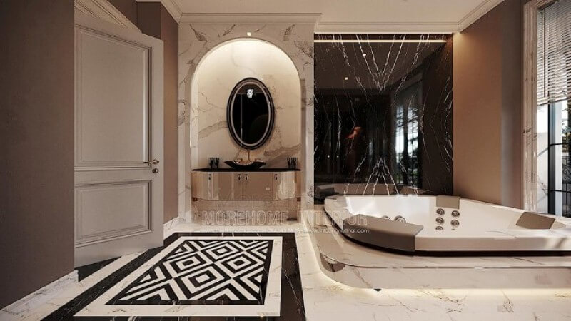 Đá ốp đẹp, sang trọng cho phòng tắm có bồn cao cấp. Thiết kế nội thất