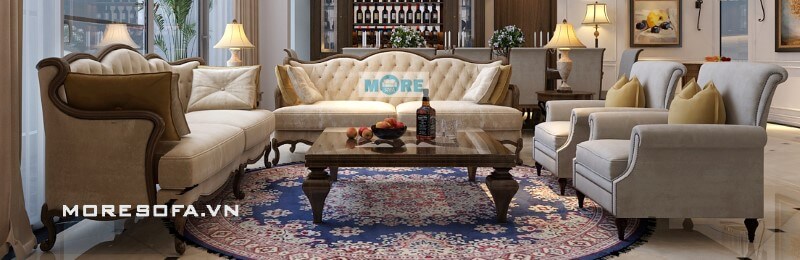 Sofa Tân cổ điển MS-018 gỗ tự nhiên bọc nỉ cao cấp nhập khẩu với các đường cong uốn lượn kết hợp với bàn trà, các vật dụng trang trí tao điểm nhấn cho phòng khách Thiết kế nội thất