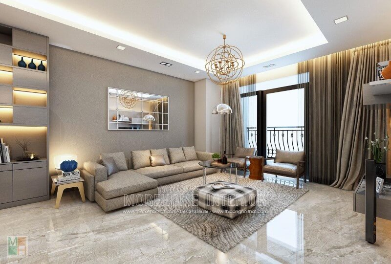 Sofa góc L bọc nỉ màu ghi cùng tone với đồ nội thất trong phòng, tạo cảm giác hài hòa Thiết kế nội thất