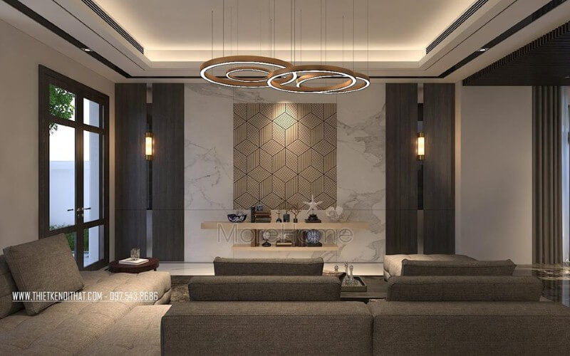 Trang trí phòng khách hiện đại ấn tượng với đá ốp tường cao cấp cùng họa tiết 3D độc đáo. Thiết kế nội thất