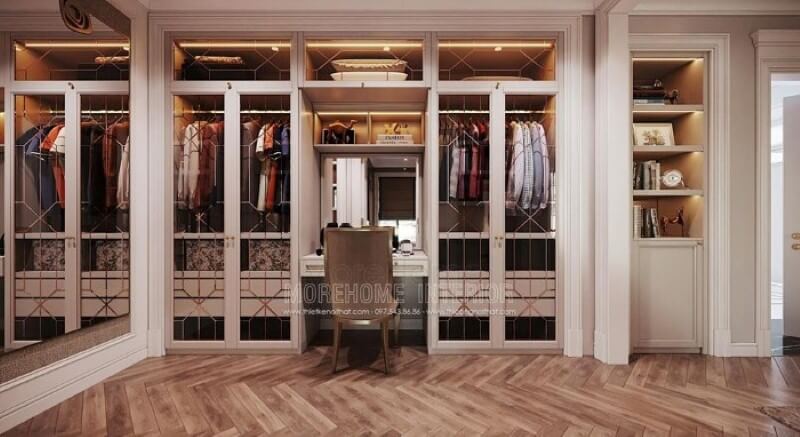 Bàn trang điểm liền tủ quần áo vừa giúp bạn nhanh chóng sở hữu ngoại hình ưng ý vừa mang lại tính thẩm mỹ, tiện ghi ấn tượng cho không gian. Thiết kế nội thất