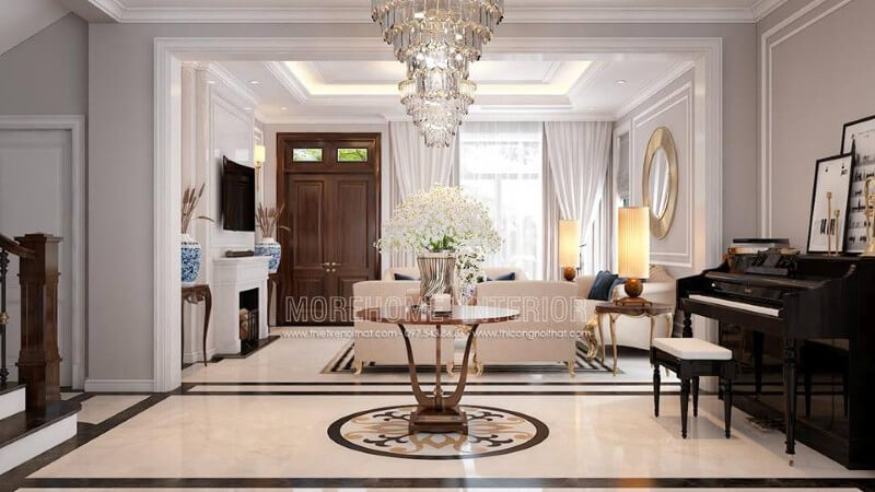 Sắp xếp nội thất phòng khách tân cổ điển có đàn piano đẹp, sang trọng tại biệt thự Palm Garden. Thiết kế nội thất
