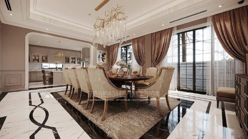 Sắp xếp nội thất phòng ăn liền bếp phong cách đương đại đẹp, sang trọng. Thiết kế nội thất