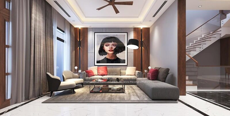 Thiết kế nội thất phòng khách ấn tượng với phong cách hiện đại cùng cách trang trí sáng tạo từ điểm nhấn tranh treo tường nghệ thuật. Thiết kế nội thất