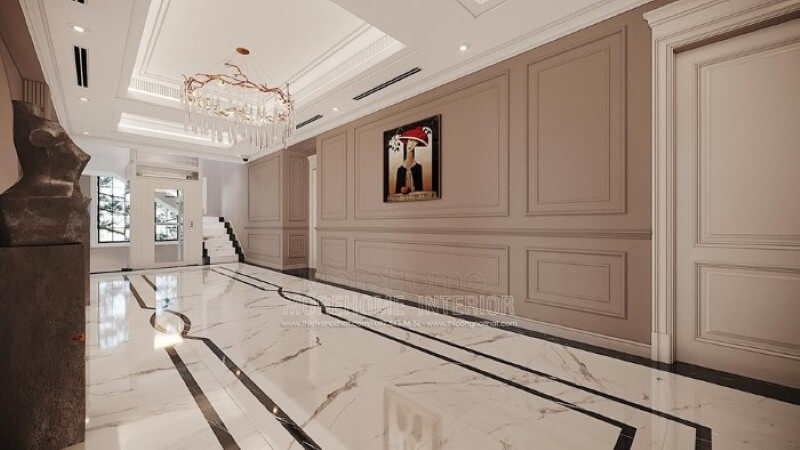 Đèn pha lê treo tường sang trọng tạo góc nhìn ấn tượng cho không gian hành lang đẹp. Thiết kế nội thất