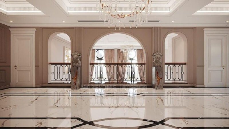 Thiết kế hành lang đẹp, sang trọng cho phòng khách thông tầng. Thiết kế nội thất