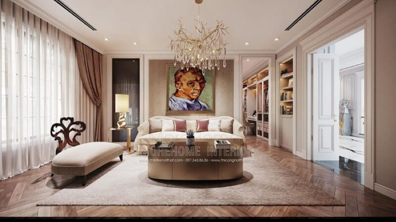 Tranh in canvas treo tường chân dung họa sĩ Van Gogh nổi tiếng tạo điểm nhấn ấn tượng cho phòng giải trí trong phòng ngủ. Thiết kế nội thất
