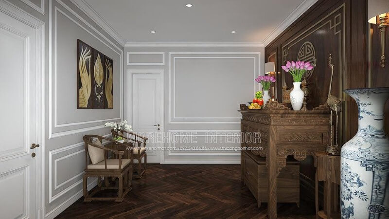 Bố trí nội thất phòng thờ đẹp, trang trọng hợp phong thủy từ nội thất gỗ óc chó cao cấp. Thiết kế nội thất