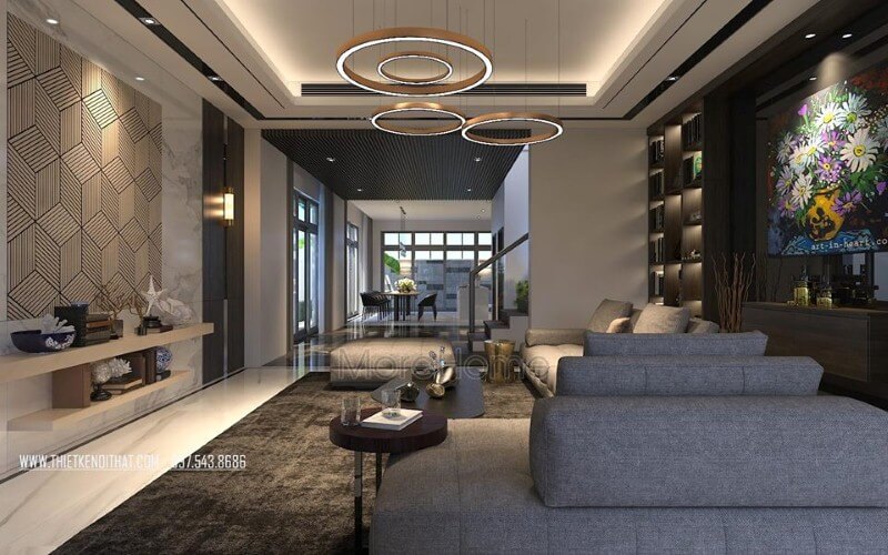 Trang trí tầng 1 đẹp, sang trọng cho nhà phố, biệt thự với ý tưởng thiết kế phòng khách kề phòng ăn theo phong cách hiện đại.