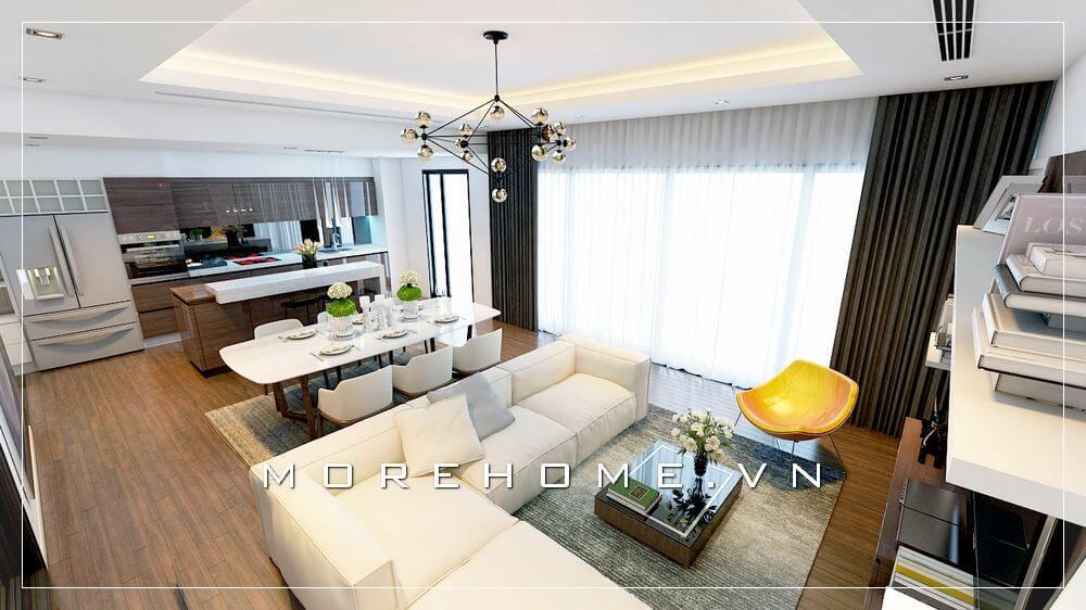 Tone trắng từ sofa góc, bộ bàn ghế ăn, tường, rèm pha trộn cùng đồ trang trí nhà sẫm màu từ sàn gỗ óc chó, tủ bếp gỗ, rèm tối màu như tạo nên một bức tranh đẹp ngay trong không gian nội thất phòng khách chung cư.