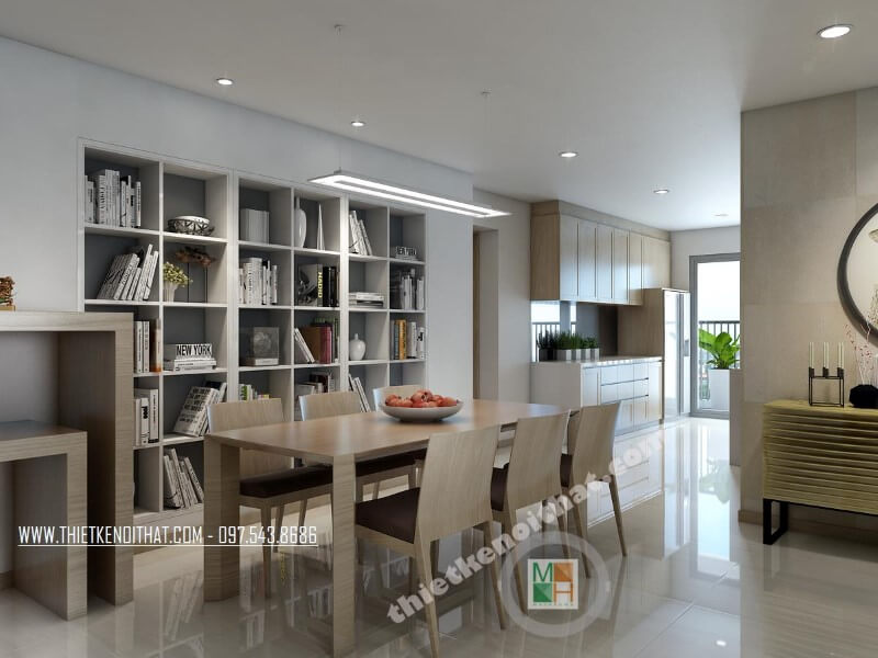 Thiết kế bàn ăn hiện đại mang tông màu veneer nâu sữa phù hợp với phong cách thiết kế của căn nhà. Thiết kế nội thất