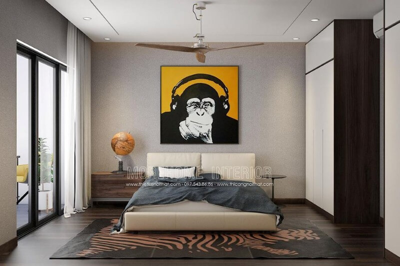 Sắp xếp phòng ngủ hiện đại đẹp với tranh canvas treo tường cùng quả địa cầu độc đáo. Thiết kế nội thất nhà liền kế đẹp sang trọng