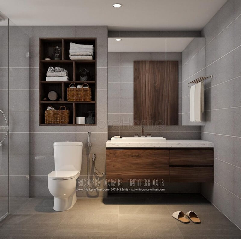 Tủ nhà tắm đẹp ấn tượng từ cánh tủ gỗ óc chó ốp mặt đá sang trọng. Thiết kế nội thất nhà liền kế đẹp sang trọng