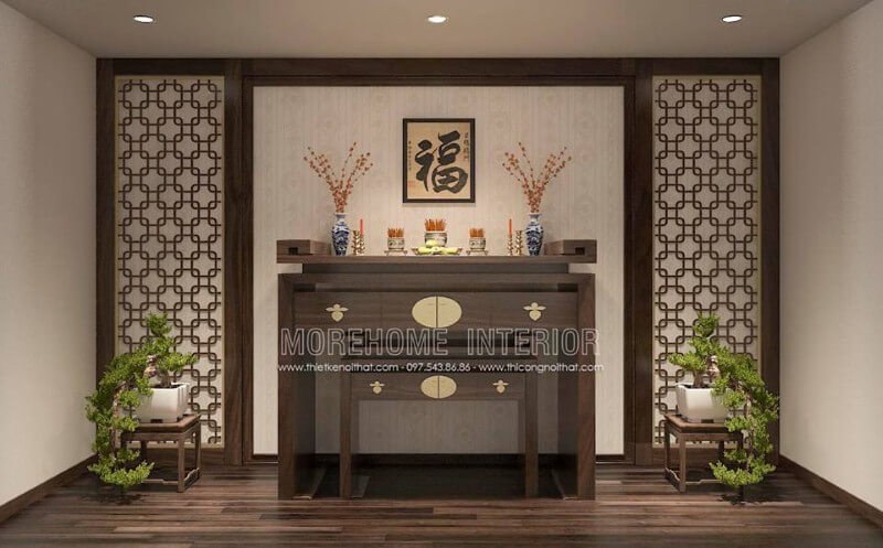 Vách gỗ CNC đẹp, sang trọng cho phòng thờ. Thiết kế nội thất nhà liền kế đẹp sang trọng
