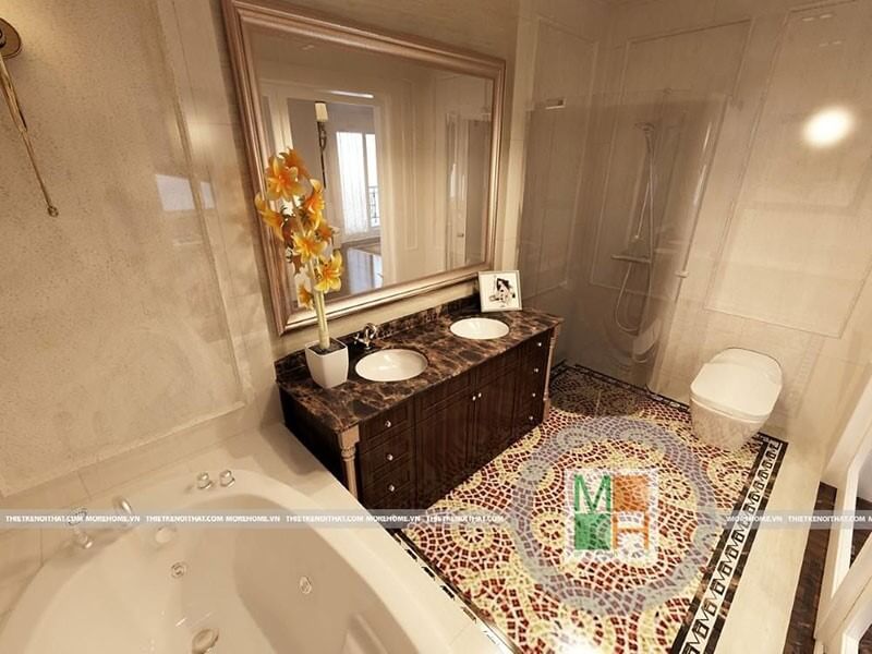 Thiết kế phòng tắm thoáng rộng với cách vật liệu từ đá ốp tường và kính cường lực tạo nên không gian ấn tượng và hiện đại Thiết kế phòng tắm