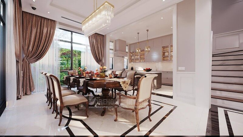 Thiết kế nội thất phòng ăn sang trọng cao cấp phong cách tân cổ điển tại biệt thự Ciputra Tây Hồ Hà Nội Nội thất phòng ăn biệt thự