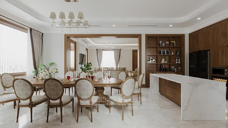 Thiết kế nội thất phòng ăn gỗ óc chó phong cách tân cổ điển sang trọng, quý phái cho biệt thự Spendora Bắc An Khánh Nội thất phòng ăn biệt thự