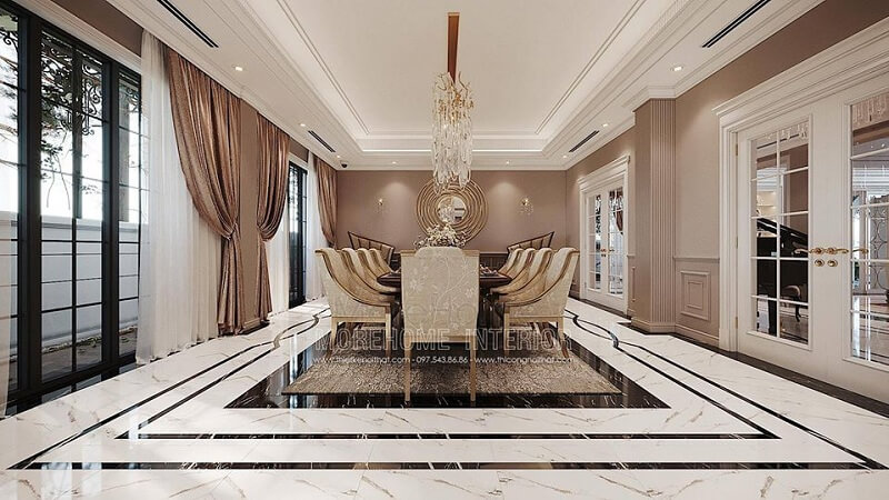 Thiết kế nội thất phòng ăn biệt thự đẹp với bộ bàn ăn cao cấp màu vàng kim cuốn hút mọi ánh nhìn Nội thất phòng ăn biệt thự