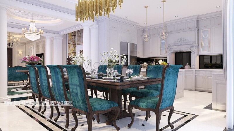 Thiết kế nội thất phòng ăn biệt thự tân cổ điển liền kề khu vực nhà bếp tạo sự tiện dụng cho gia chủ trong quá trình sử dụng Nội thất phòng ăn biệt thự