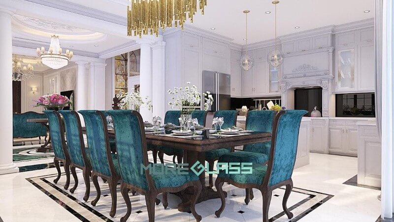 Mẫu thiết kế phòng bếp liền phòng ăn biệt thự sang trọng mang phong cách quý tộc. Nội thất phòng ăn biệt thự