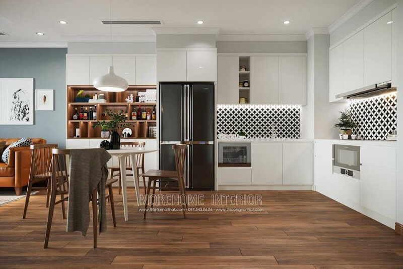 Khu vực bếp được thiết kế nhỏ gọn liên kết trực tiếp với phòng khách Nội thất phòng bếp chung cư