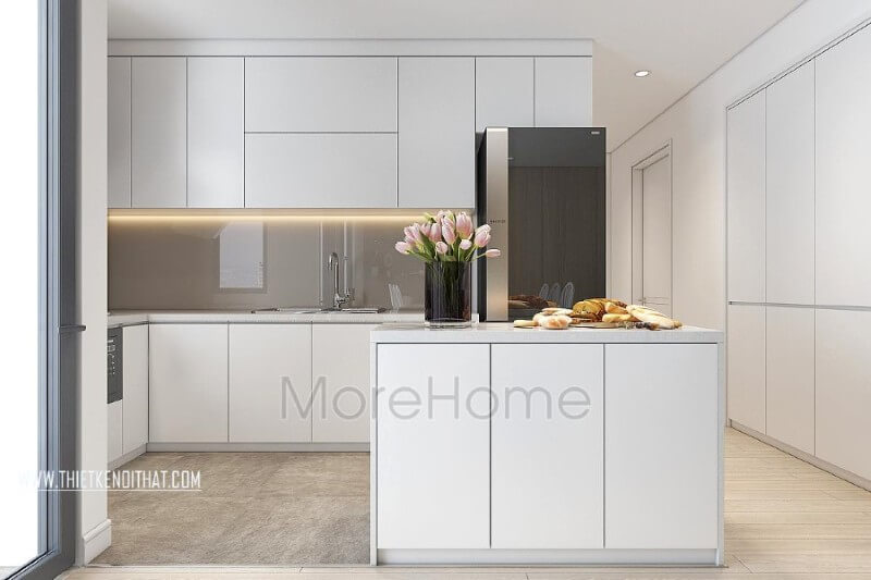 Thiết kế nội thất bếp chung cư, căn hộ hiện đại được quây gọn gàng thành một khu riêng biệt vẫn đảm bảo tính đồng nhất cho cả không gian Nội thất phòng bếp chung cư