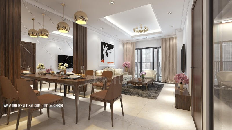 Liền kề với phòng khách là không gian uống ấm cúng được KTS thiết kế với mẫu bàn ăn hiện đại 6 người ngồi Nội thất phòng ăn chung cư
