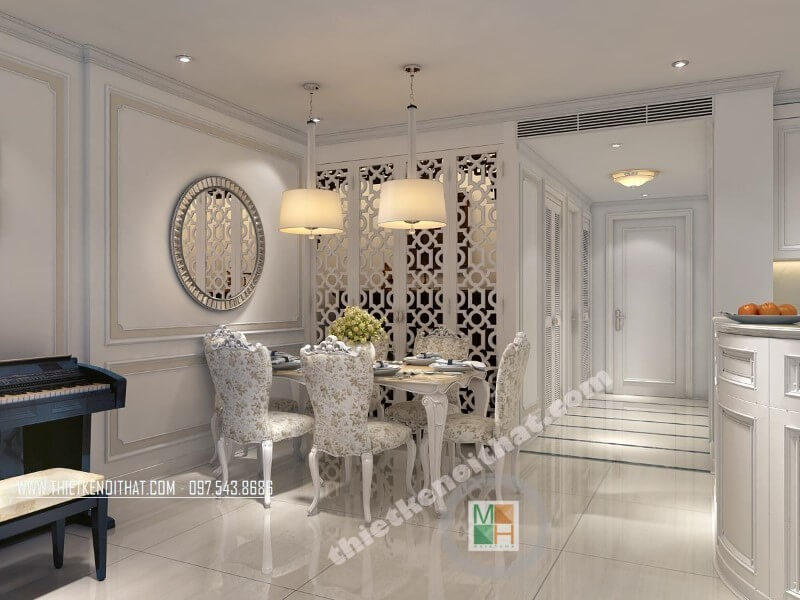Trang trí nội thất phòng ăn chung cư theo lối tân cổ điển mang đến cho gia chủ một không gian sang trọng và lạ mắt hơn Nội thất phòng ăn chung cư