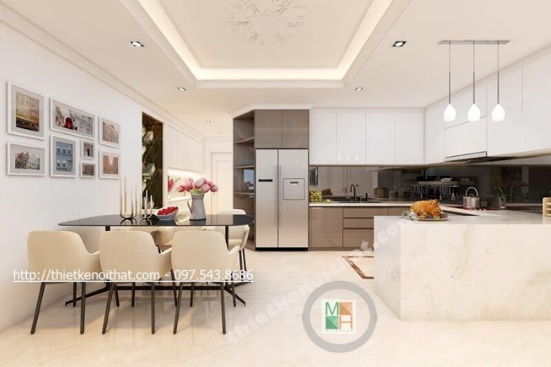 Nội thất phòng ăn chung cư liền kề với không gian nhà bếp, giúp cho quá trình nấu nướng tới dùng bữa nhanh chóng hơn Nội thất phòng ăn chung cư