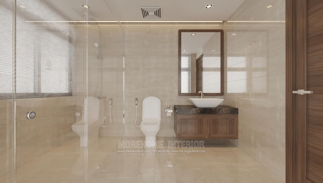 Mẫu thiết kế phòng tắm hiện đại kết hợp vách tắm kính vời kệ tủ độ nhỏ nhắn đang được ưa chuộng hiện nay Thiết kế nội thất phòng tắm chung cư