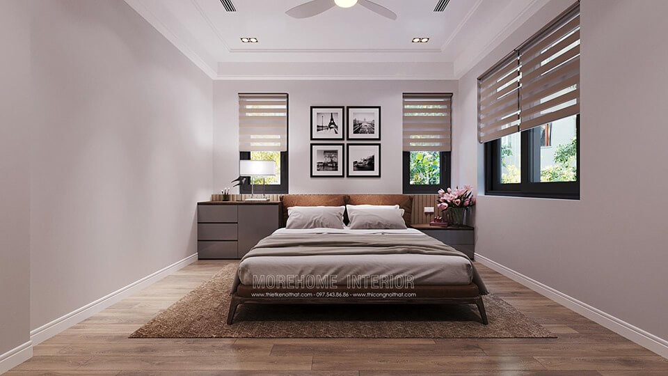Thiết kế phòng ngủ biệt thự Starlake Tây Hồ đẹp với mẫu giường ngủ gỗ óc chó hiện đại thiết kế nội thất gỗ óc chó