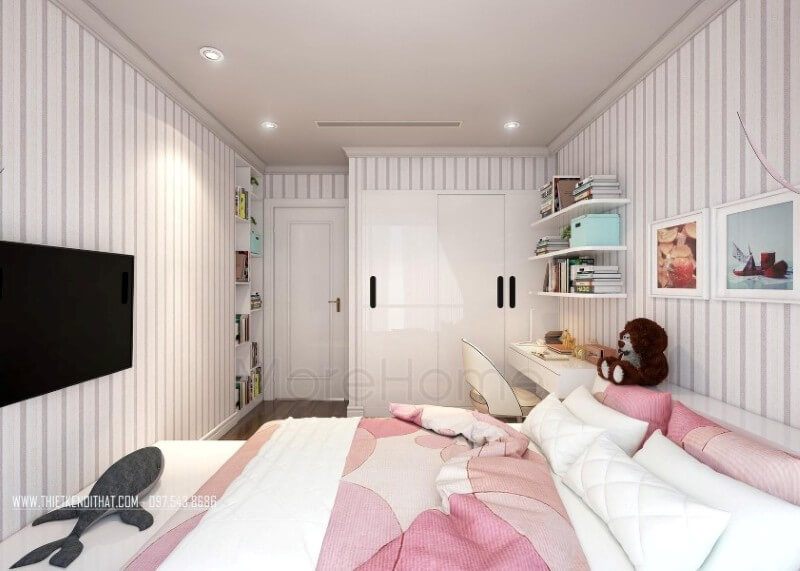 Mẫu nội thất phòng ngủ mới nhất cho bé gái ở chung cư đã được lắp đặt hoàn toàn.