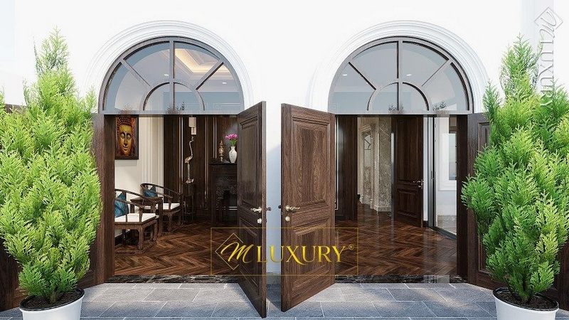 Nhà phố và biệt thự hiện đại được ưa chuộng bởi gợi ý mẫu cửa gỗ tự nhiên màu nâu tân cổ điển.