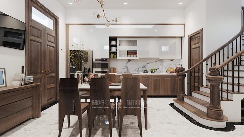 Chọn đá lát sàn màu trắng để làm cho không gian phòng bếp trở nên sạch sẽ và thoáng mát hơn.