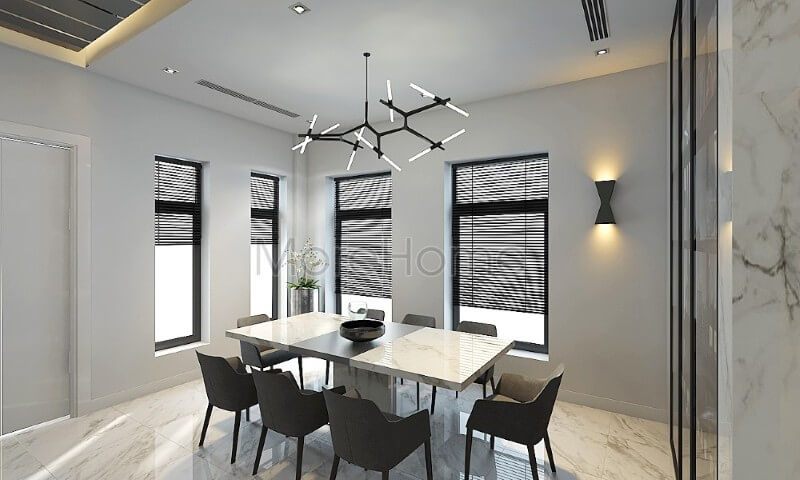 Bàn ăn 8 chỗ có kích thước lớn và hiện đại, phù hợp với nhiều mục đích sử dụng của gia đình.